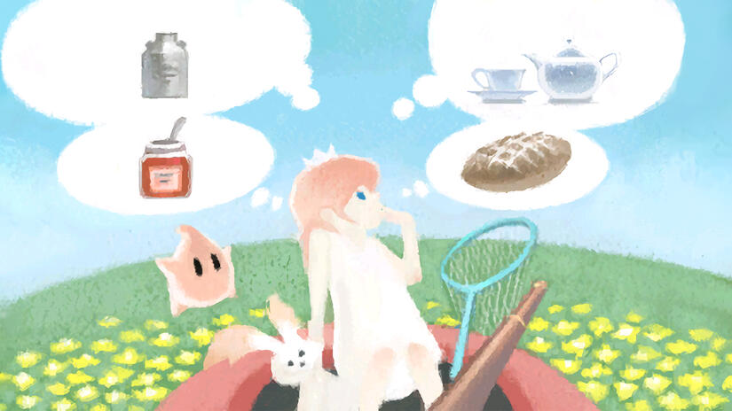 rosaline from mario as a child thinking about milk, jam, bread and tea in a meadow with her luma